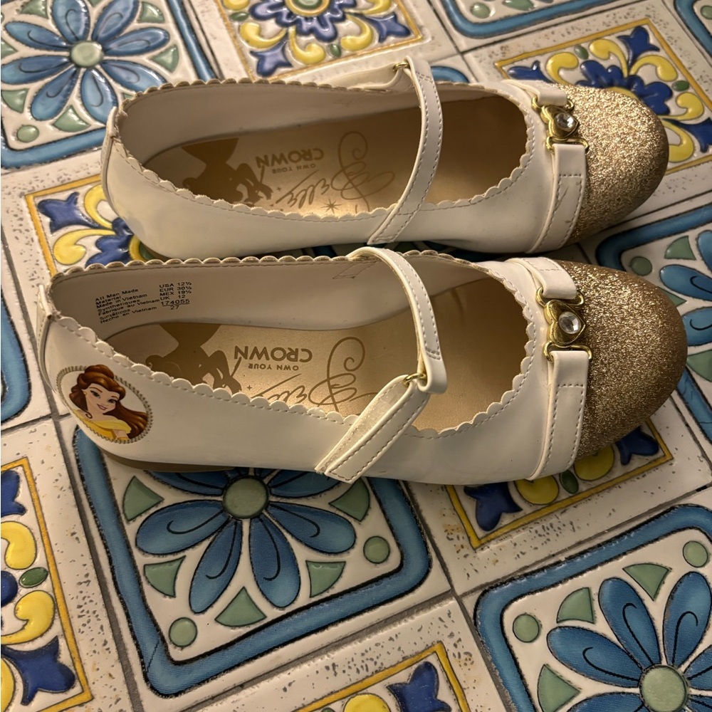 Disney Belle White and Gold Mary Jane Shoes